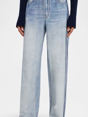 rag & bone Light Blue Wide-Leg Jeans with Navy Side Stripe